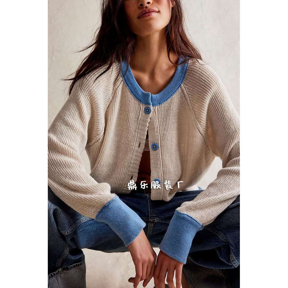 Autumn Winter New Temu Women's Color-Block Round Neck Cardigan Knitwear Single-Breasted Jacket B5