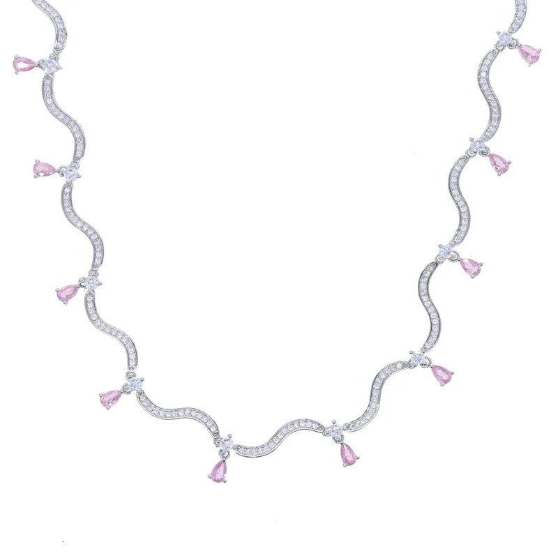 Fashion White Pink Tear Drop Cubic Zirconia Micro Pave CZ Paved Bling Wave Bar Heart Charm Choker Necklace Women Jewelry 250815