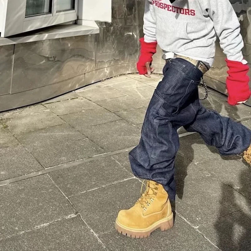 MIJKO High Street Original Color Wide Leg Blue Baggy Jeans for Men Straight Loose Pockets Casual Denim Pants Oversized Cargo Trousers