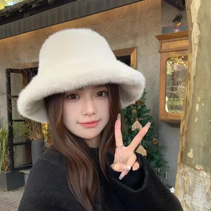 Fluffy Fur Fisherman Hat for Women Winter Plush Ear Protection Cap Solid Fashion Bucket Hat Windproof Warm Female Panama Caps 250819