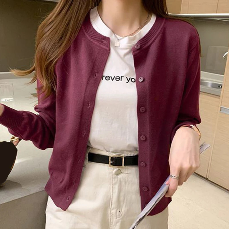 Rimocy Knitted Cardigan Jacket Women Spring Autumn Round Neck Casual Cardigans Woman Solid Color Slim Korean Jumpers Female 250819
