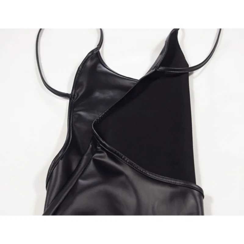 Sexy Faux Leather Dress Backless Club Party Short Dress Solid Black Wet Look Latex Bodycon Push Up Bra Mini Micro Dress M250623