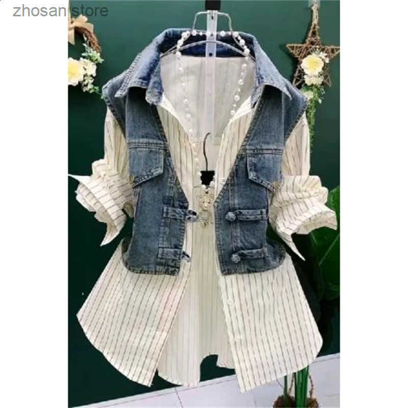 Fashion Striped Denim Jacket Women Spring Summer Plate Button Sense Stitching Waistcoat Shirt Chic Top 250228 S250819