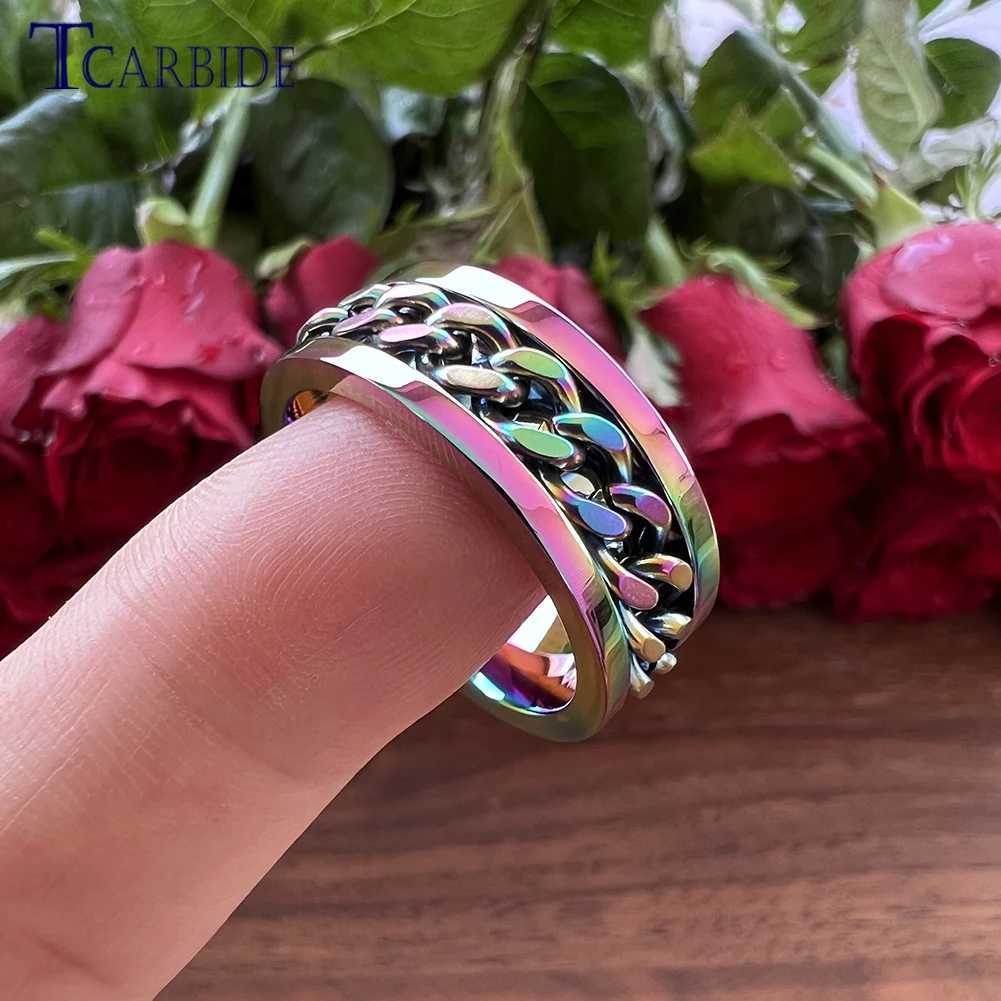 8mm Black Blue Rotating Ring for Men and Women Fashion Stainless Steel Jewelry with Chain Inlay In Stock W250819