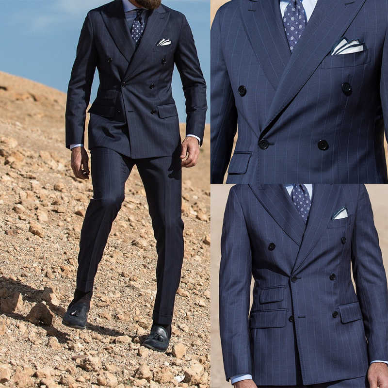 Formal Wedding Tuxedos Peaked Lapel 2 Pcs Pinstripe Men Suit Classic Fit Double Breasted Evening Prom Grooms Blazers Customized