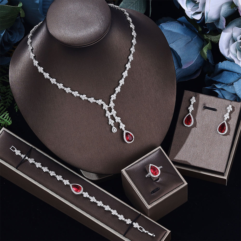 HIBRIDE Simple CZ Ladies Jewelry Sets Water Drop Cubic Zirconia Crystal Tassel Earrings and Necklace Set for Women Gifts 250417