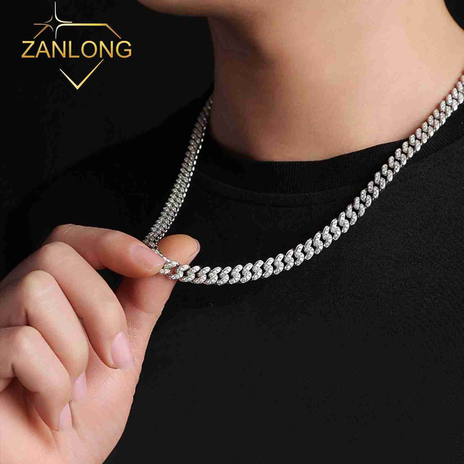 Zanlong 12763 Ready to Ship 8mm Hip Hop Ice Crystal Jewelry 925 Sterling Silver D-vvs1 Diamond Moissanite Cuban Link NECKLACE