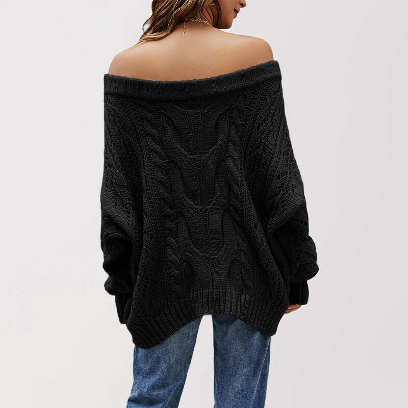 New Autumn And Winter Women's Off-Shoulder Loose One-Line Collar Solid Color Pullover Knitted Sweater B5