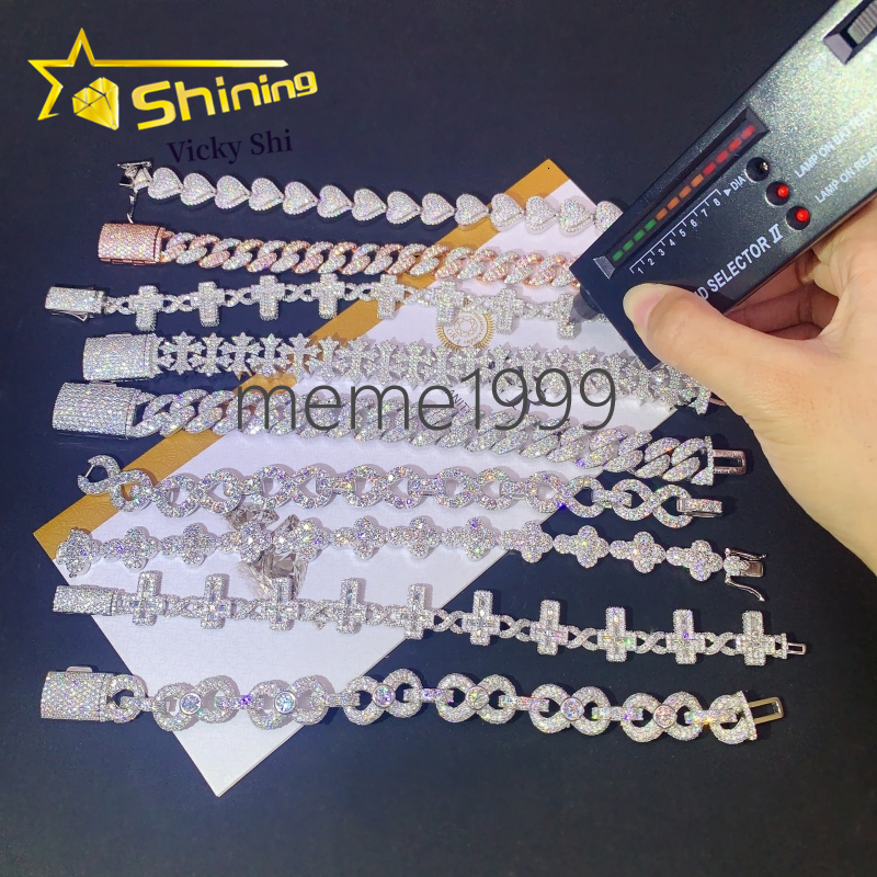 Luxury Fashion Hip Hop Missanite Cuban Bracelets S925 Silver Iced Out VVS Moissanite Cuban Link Chain