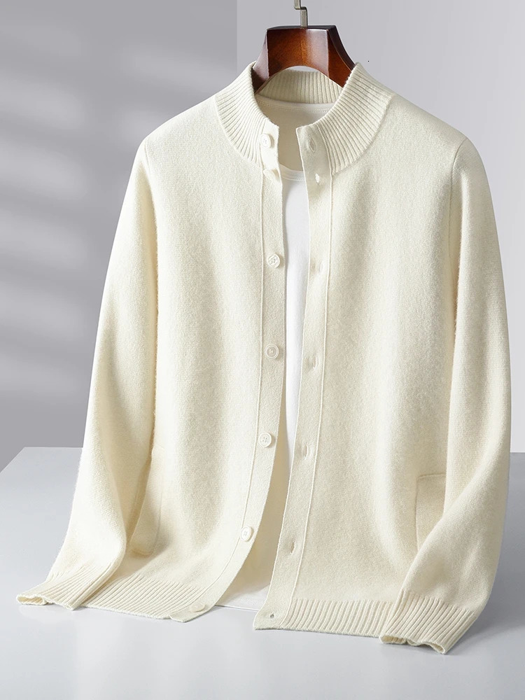 Mens Thick Sweater 100% Merino Wool Knitwear Cardigan Cashmere Buttons Coat Autumn Winter Mock Neck Pockets Casual Clothing Top 250819