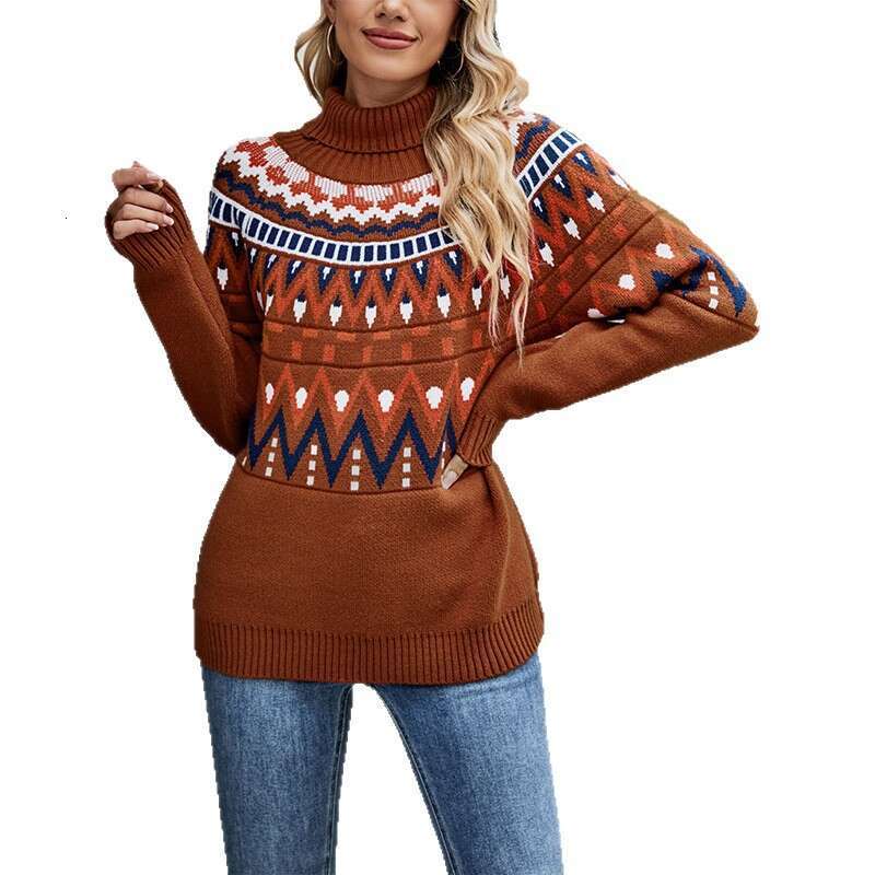 Autumn Winter New Women's Clothing Patchwork Color Block Sweater High Neck Loose Knit B5