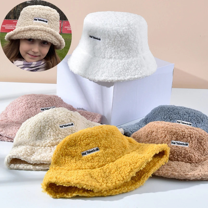 Kid Winter Warm Bucket Hat Solid Color Letter Lamb Wool Girls Boys Basin Cap Outdoor Children Casual Flat Top Fisherman Hat 250819