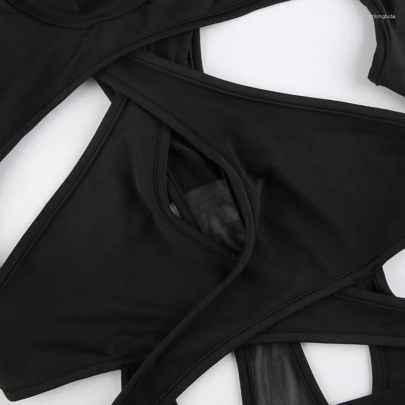 Women's T Shirts Goth Sexy Solid Color Jumpsuit Women Hollow Out Cyber Punk Long Sleeve Patchwork Bodysuit Streetwear Emo Alt Rave