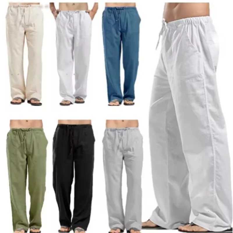 2024 New Mens Cotton Linen Pants Summer Solid Color Breathable Linen Trousers Male Casual Elastic Waist Fitness Pants W250819