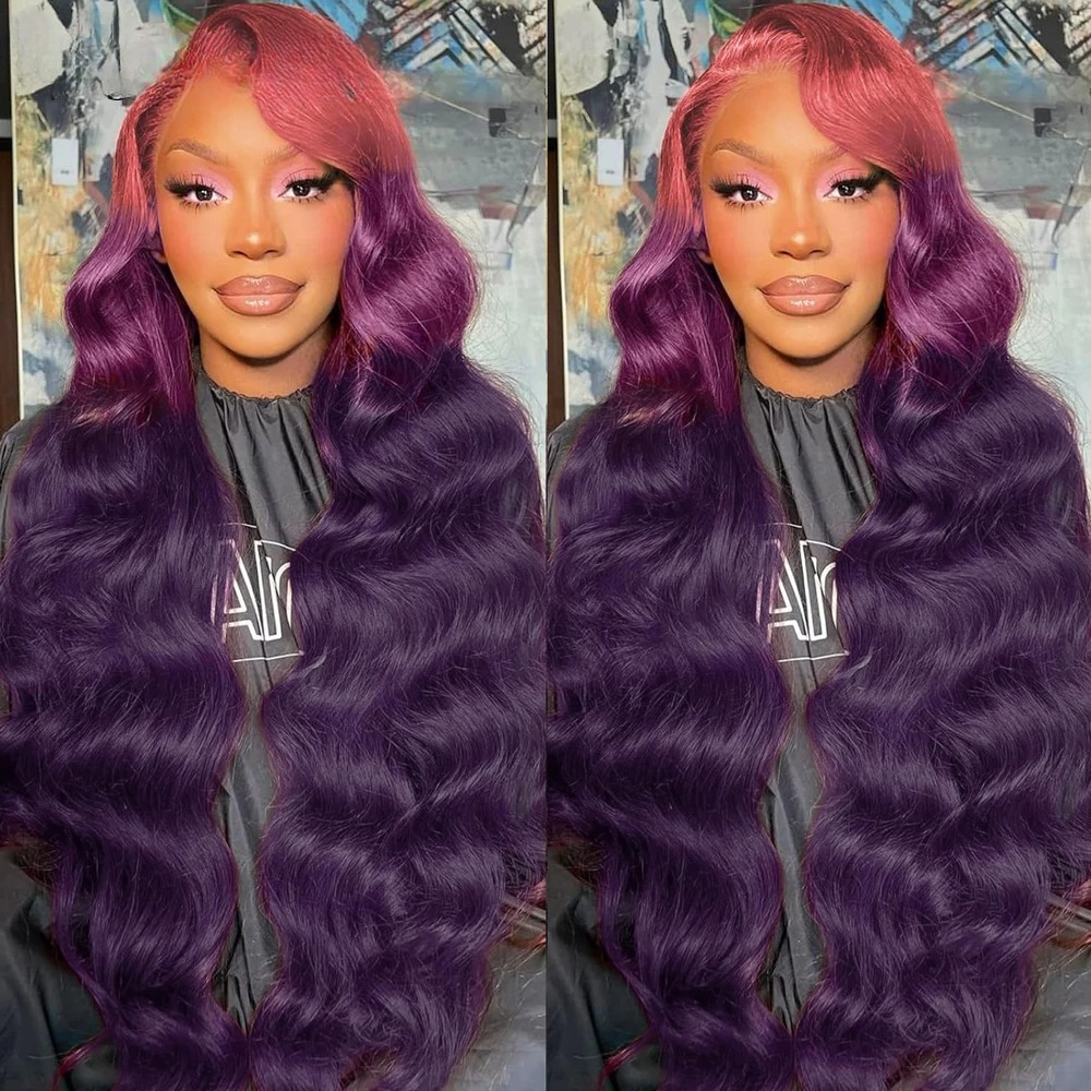 Violet Colored Ombre Purple Body Wave Human Hair Wigs 13x4 Pre Plucked HD Transparent Lace Front Wigs 200% Density Ready To Go Synthetic For Wemon