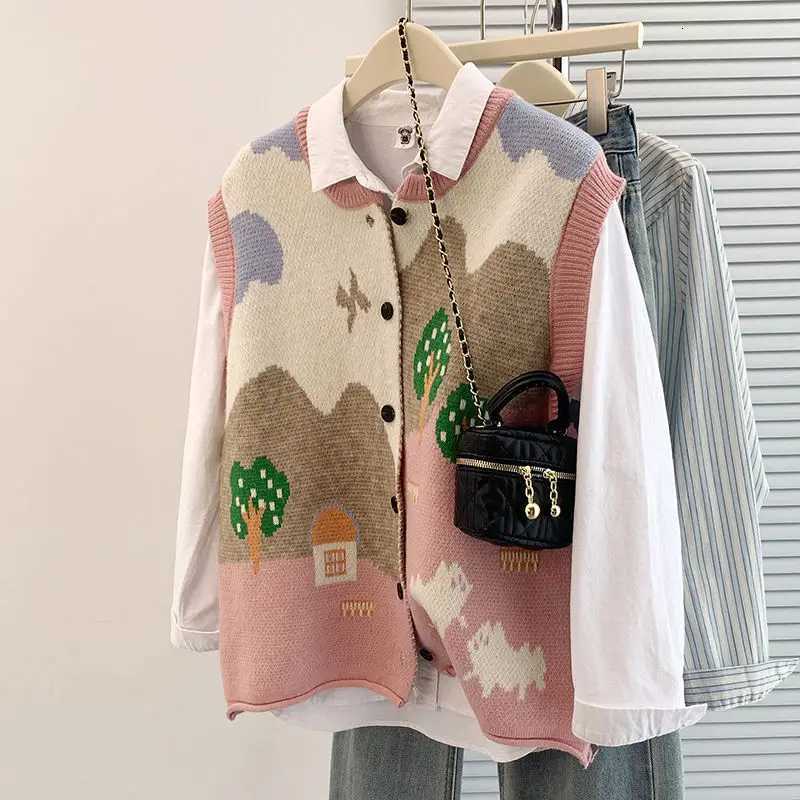 2025 Autumn Winter Korean Style Youthful Jacquard Knit Cardigan Vest Women Oversized Sleeveless Sweater Coat Layering XJ250819