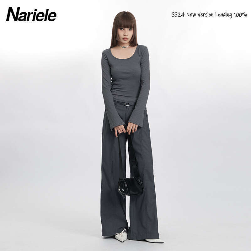 Pure Desire Style Ruched Waist Round Neck Long Sleeve T-Shirt Spring New Slim Fit Solid Color Short Hot Girl B5