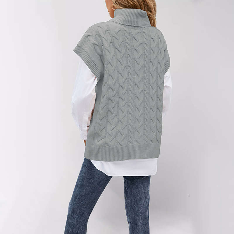 Autumn Winter Women's Sleeveless Button Rope Vest Knitted Loose Pullover High Neck Sweater B5