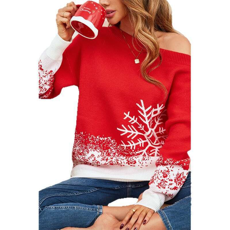 Women's Small Snowflake Sweater Autumn Winter Casual Off-Shoulder Knitted Top B5