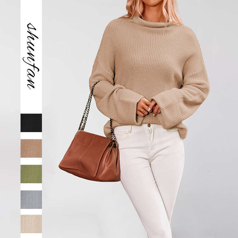 New Women's Autumn Winter Solid Color Flared Sleeve Pullover Crew Neck Sweater Knit B5
