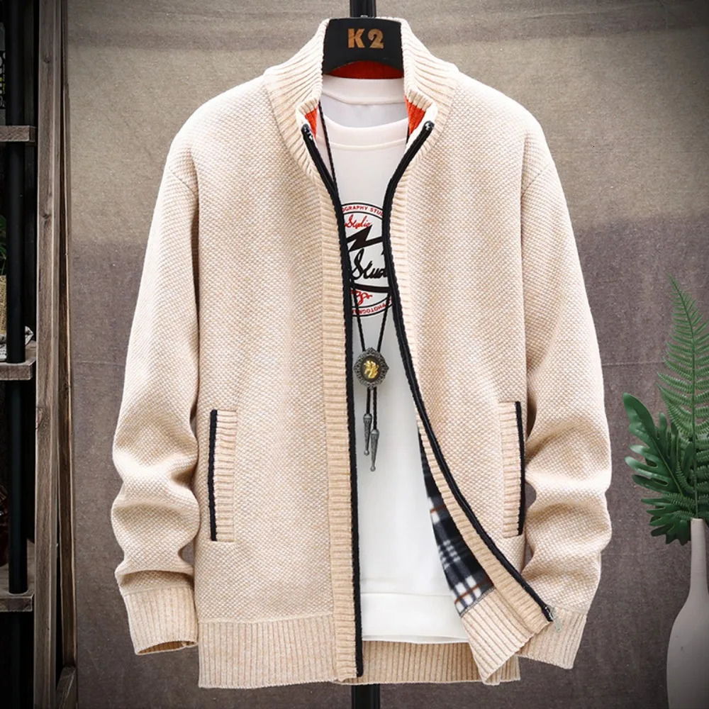 Knitted Cardigan Solid Color Sweater Men Zipper Autumn Longsleeved Jacket Warm Fleece Cardigans 250819