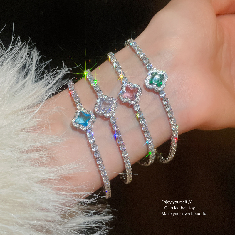 Silver Tone Clover - Shaped Blue Stone Bracelet With Crystal Accents Elegant Daily And Party Wear Gift For Her High Quality And Stylish Jewelry