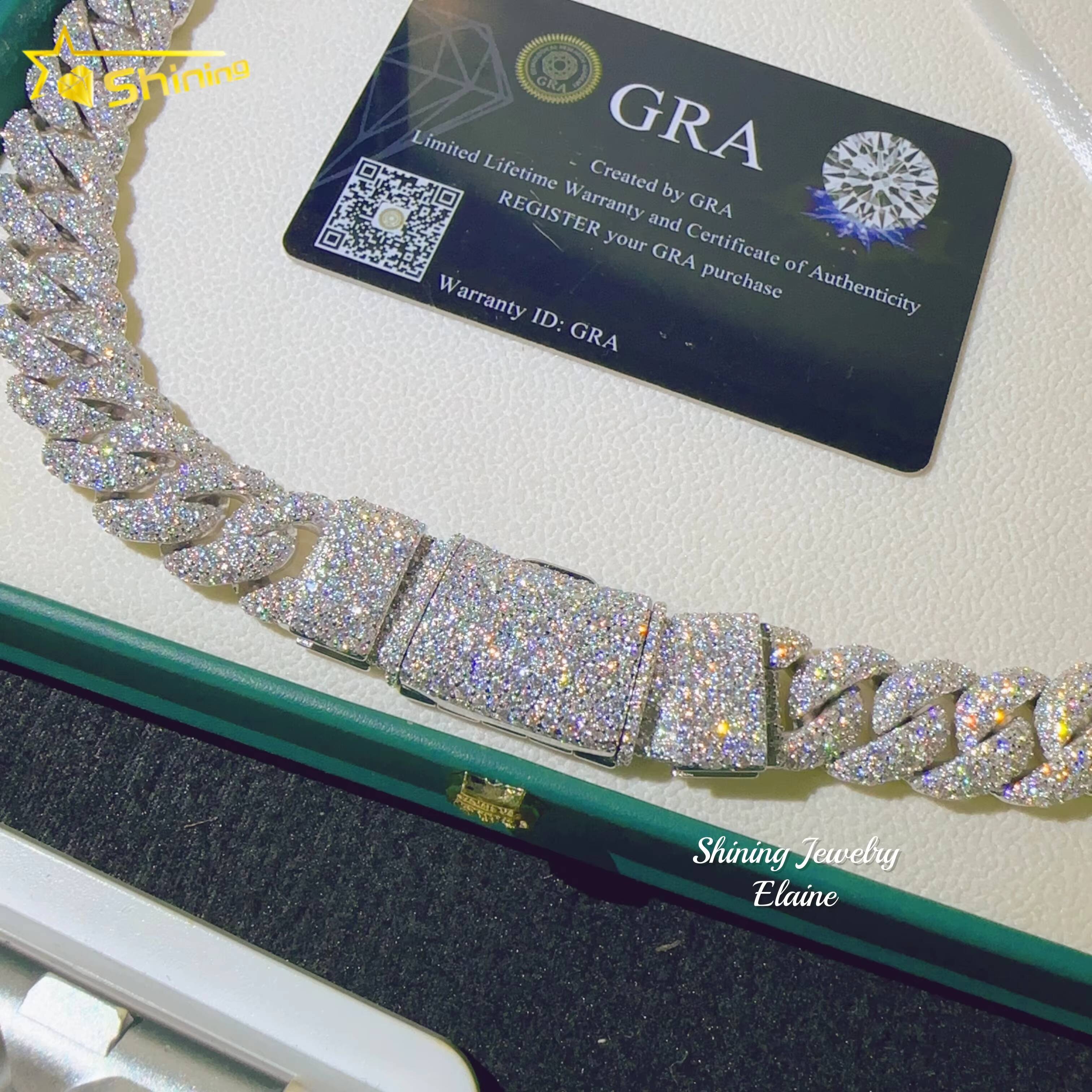 High Quality 925 Sterling Silver Custom Hip Hop Fashion Iced Out VVS Moissanite Gold 15MM Width Cuabn Bracelet Link Chain