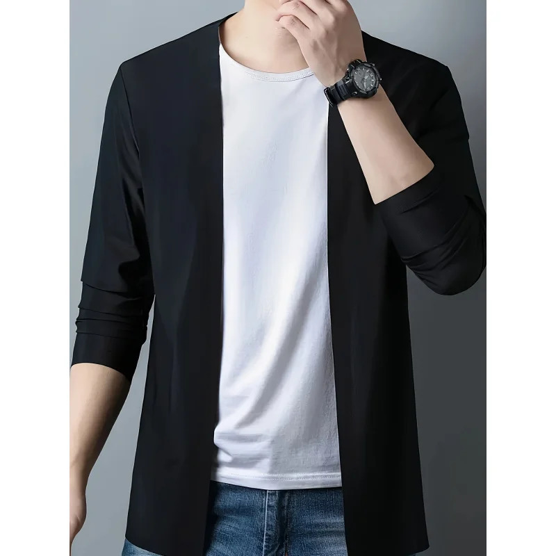 Longsleeved slim oxygen cotton Tshirt mens solid color casual cardigan collared fashion coat in spring and autumn 250819