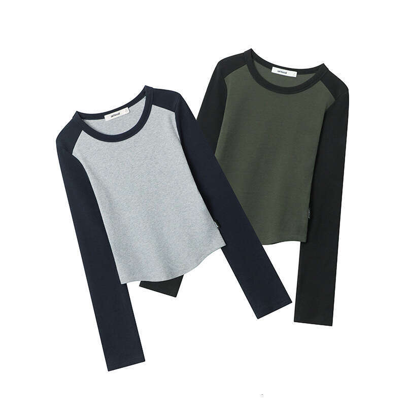 Color-Block Base Shirt Top For Women Spring Slim Fit Slimming Hot Girl Short Long-Sleeve T-Shirt B3