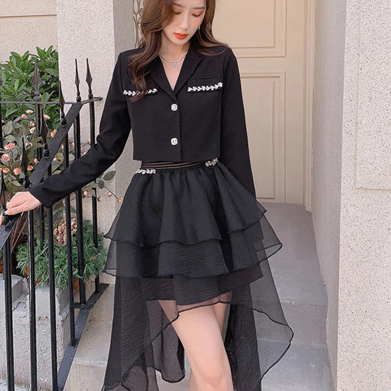 Rhinestone Blazers Skirts Two Piece Set for Women Spring Autumn Graceful Slim Suit Jacket Ball Gown Outfits Office Lady Workwear 250818