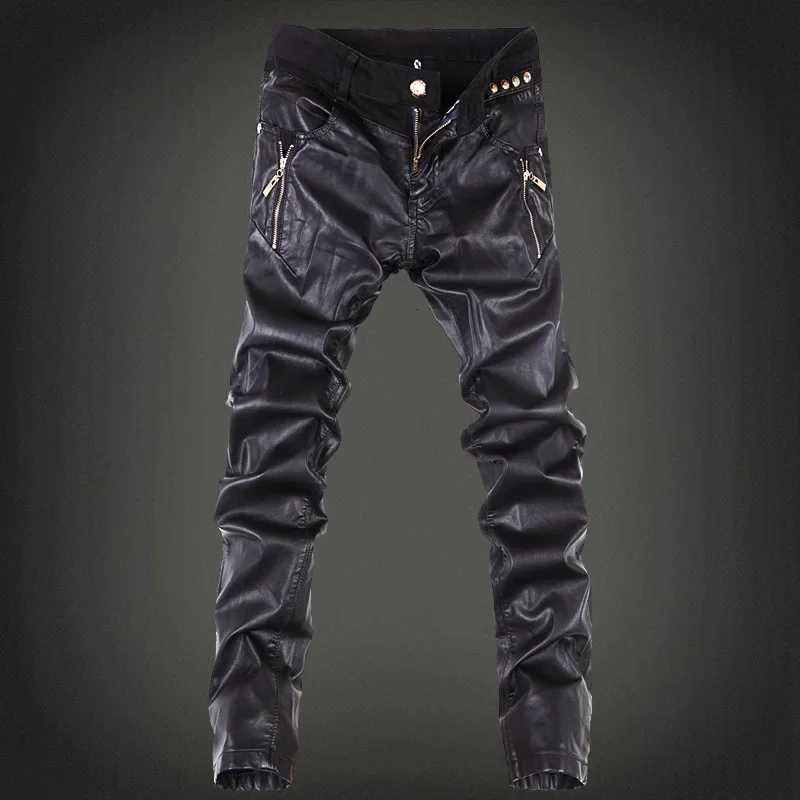 YASUGUOJI New 2025 Outdoors Pu Leather Pants Men Brand Fashion Skull Tag Patchwork Mens Skinny Motorcycle Leather Jeans W250819