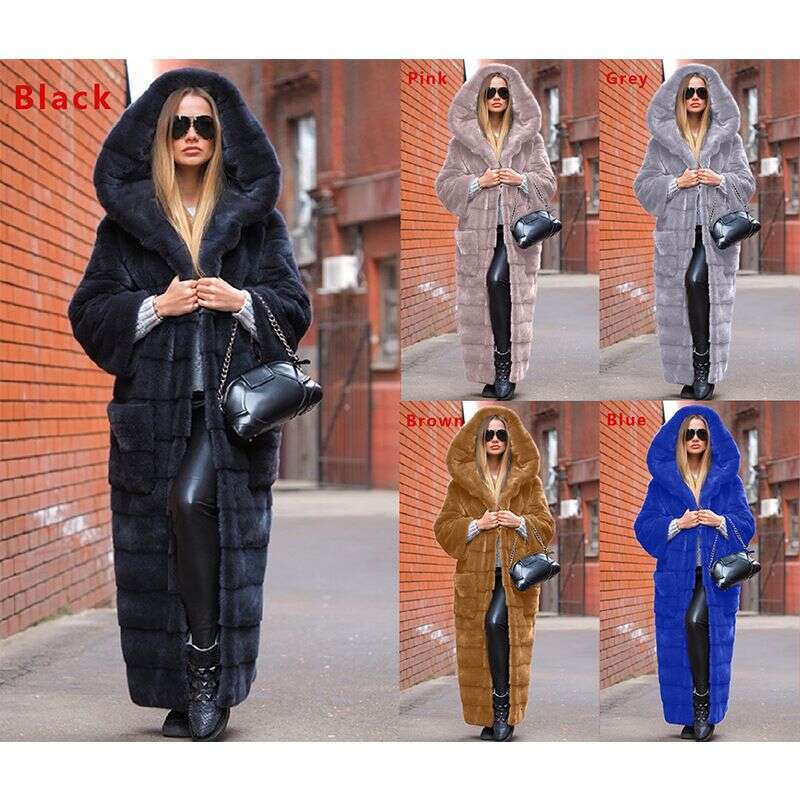 Women's clothing imitation fur hooded cotton thickened and lengthened plush women's coat windbreaker