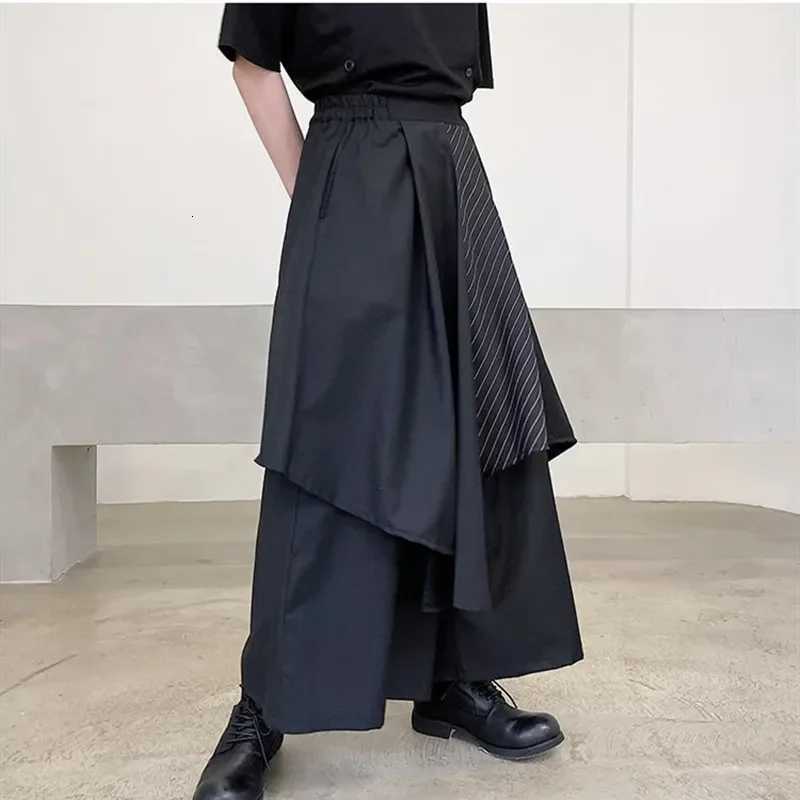 2024 Spring Mens Wide Leg Pants Striped Patchwork Streetwear Elastic Waist Irregular Skirts Trousers Loose Punk Black Pants W250819