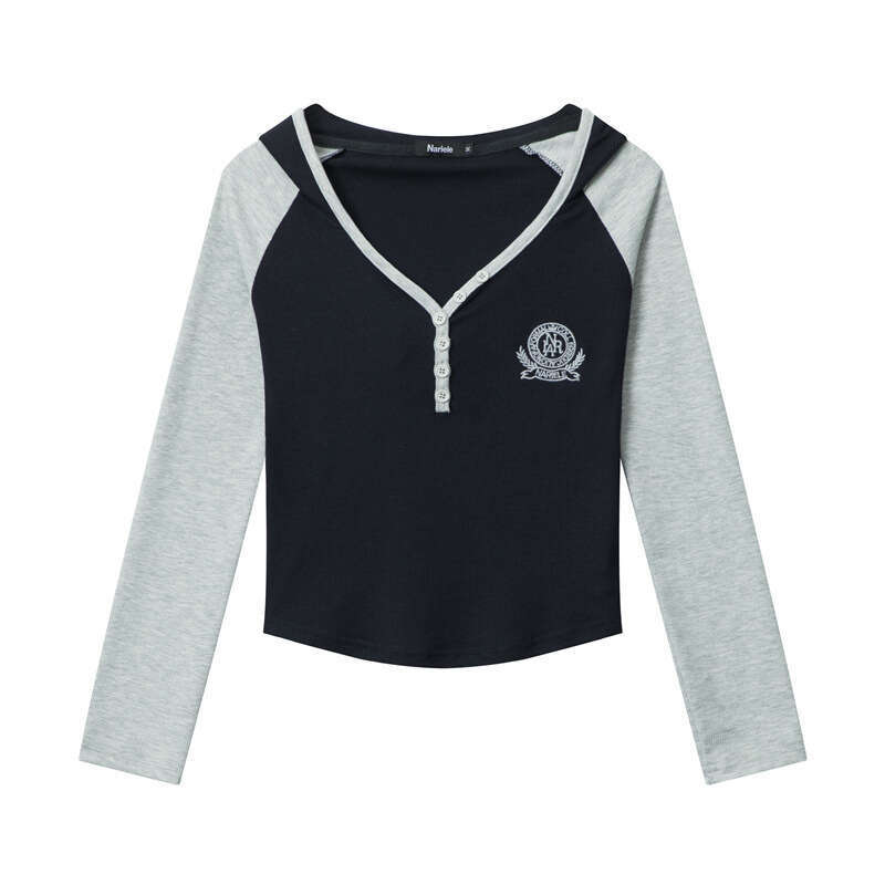 Cotton Thread Embroidery Color-Block Hooded Hot Girl Short Long Sleeve T-Shirt Crop Top For Women B3