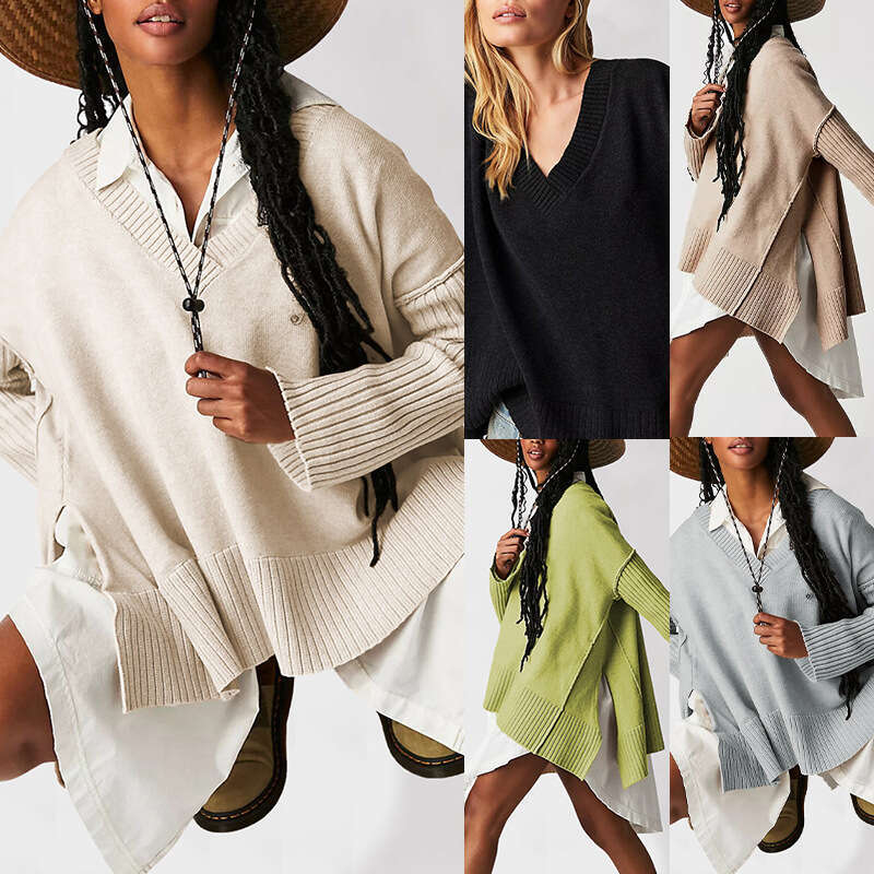 Autumn Winter Temu V-Neck Irregular Patchwork Pullover Loose Women's Sweater B5