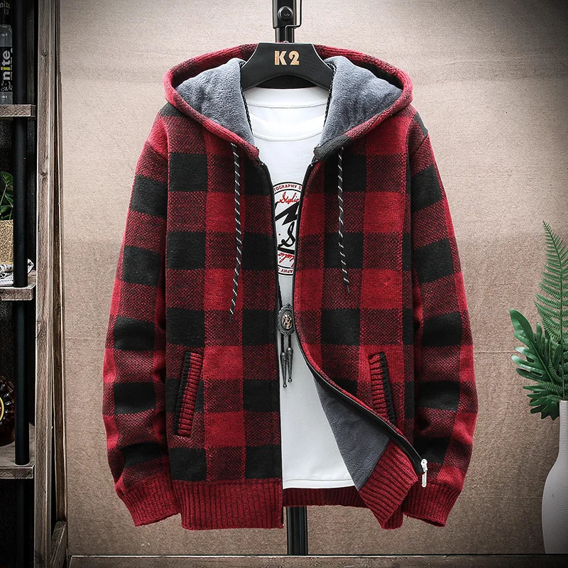 Mens Winter Plaid Sweater Hooded Cardigan Cold Coat Wool Zipper Jacket Autumn Fleece Warm Clothes Checkered Knit Jumper 250819