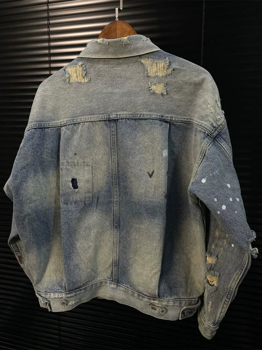 Washed SAINT MICHAEL DAMAGE Denim Work Jeans Jacket Men Women Quality Make Old Blue Heavy Fabric Coat 250819