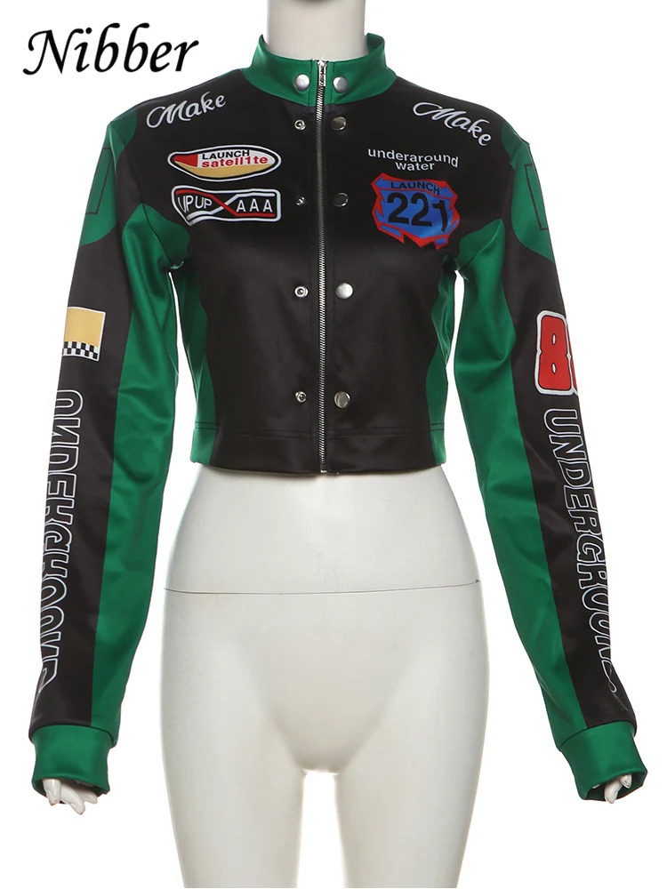 Nibber Hipster Faux Leather Jacket Women Y2K Letter Print Hipster Uniform Street SingleBreasted Cool Hipster Autumn Trend Coat 250903