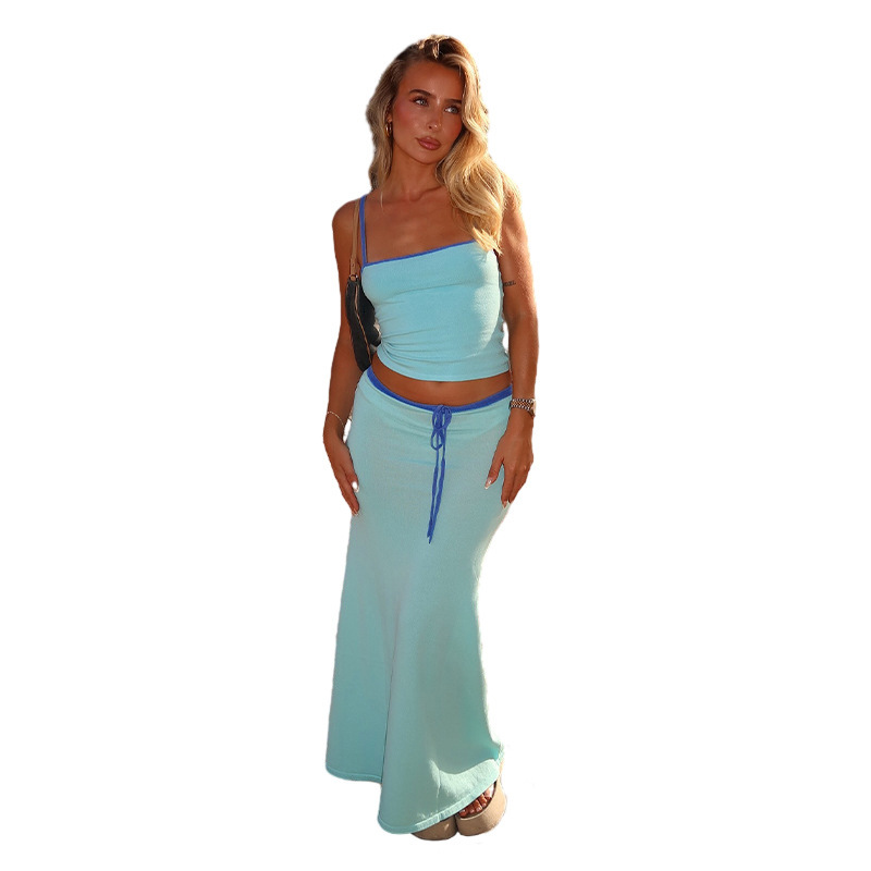 D9746 Womens Fashion Solid Color Sleeveless Strap Top with strapless Skirt High Waist Long Dress Set
