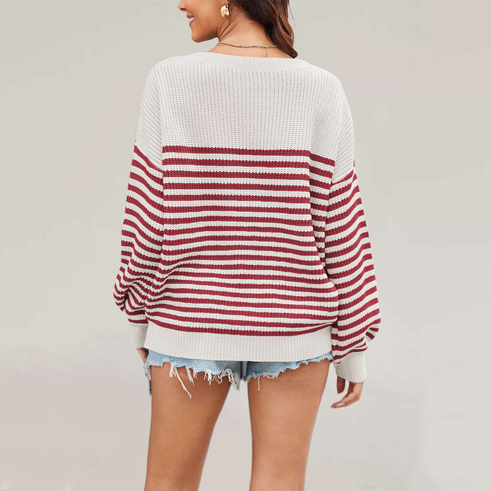 New Autumn Winter Temu Round Neck Striped Loose Plus Size Sweater Women's Knitted Top B5