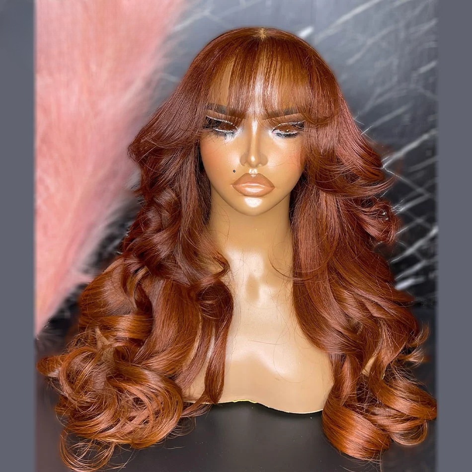13x4 Red Human Hair Wig With Bangs HD Transparent Lace Front Wig Body Wave Lace Frontal Wig For Women Wear And Go Glueless Wig Synthetic