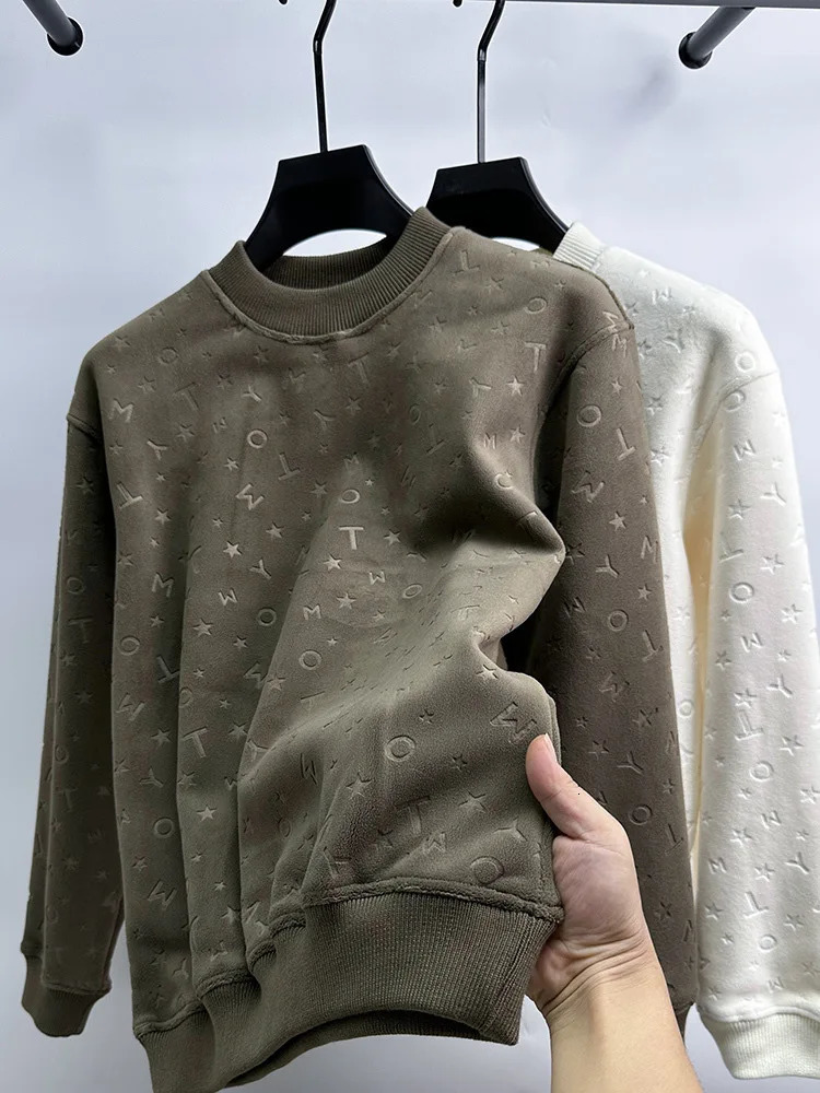 High end fashion letter jacquard sweater men round neck winter plush thick Tshirt Korean version casual warm pullover 250819