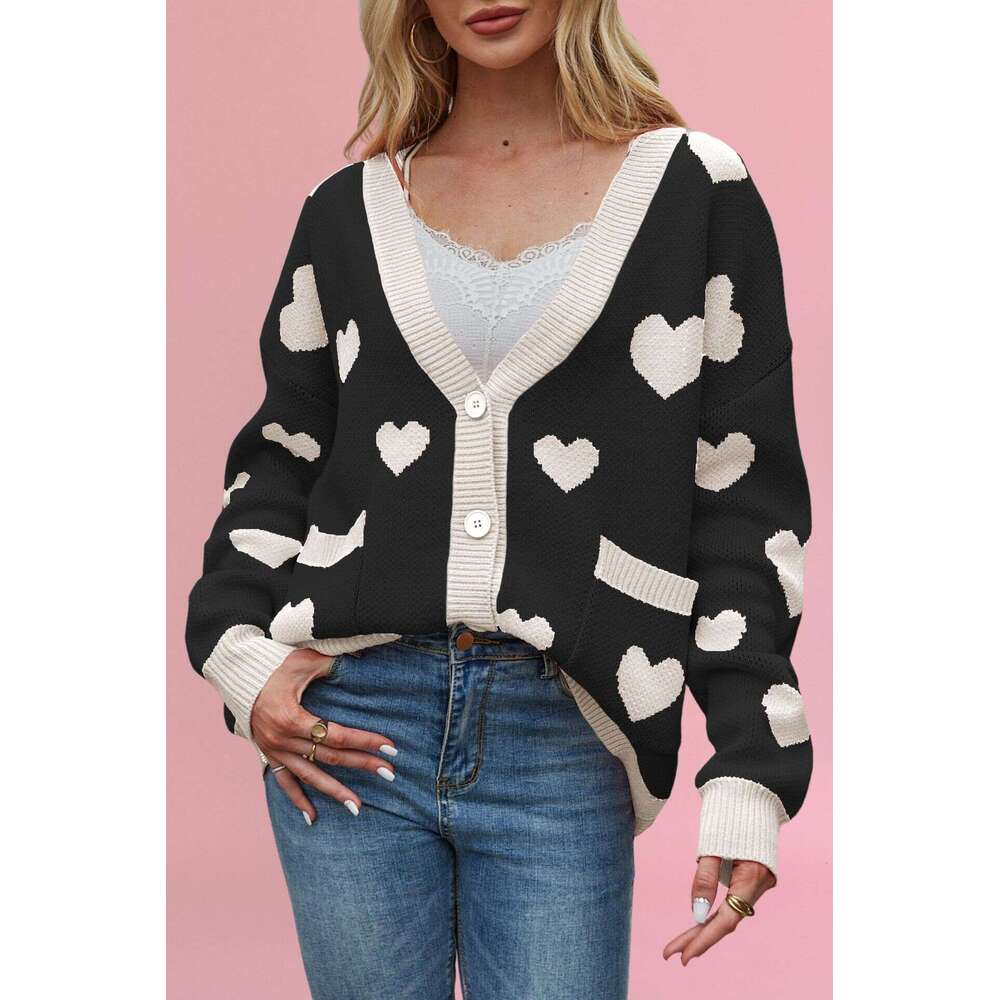 New Autumn Winter Valentine's Day Heart Peach Cardigan Pocket V-Neck Regular Fit Knitted Jacket B5