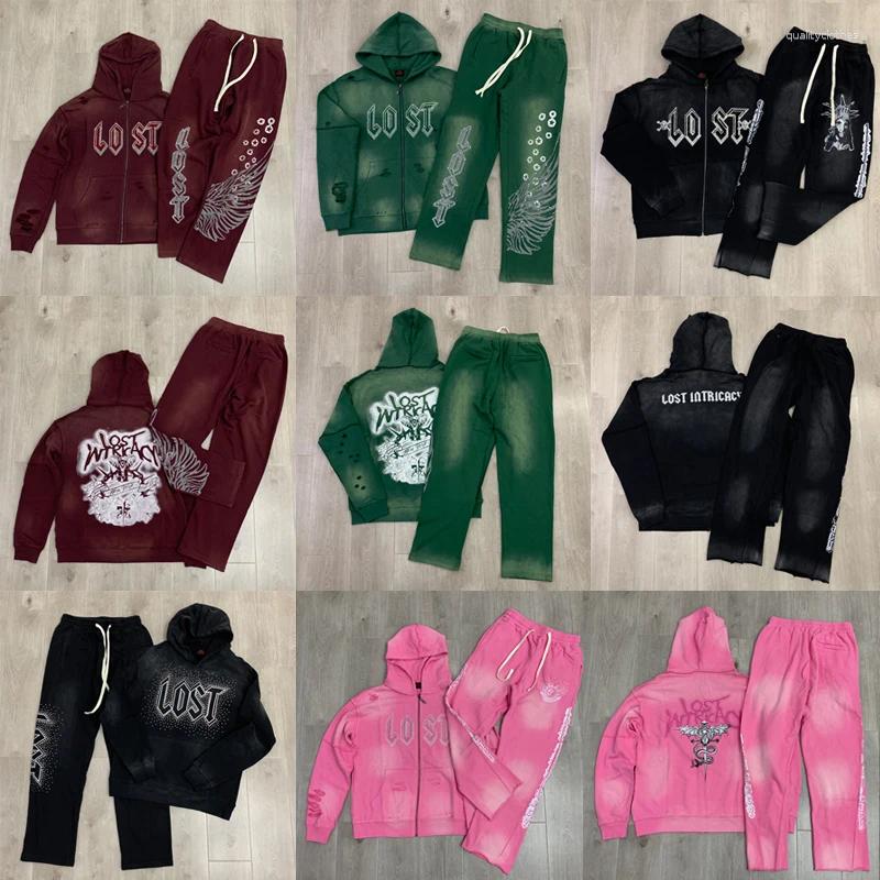 Men's Hoodies Lost Intricacy Sportswear American Wash Old Diamond Letter Print Sweatshirt Sweatpants High Street Hip Hop Hoodie