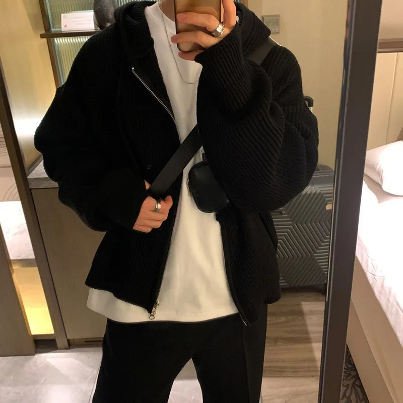 Winter Clothing Mens Light y Knit Hooded Cardigan Sweater Korean Vintage Zipper Long Sleeve Loose Hoodie Knitwear 250819