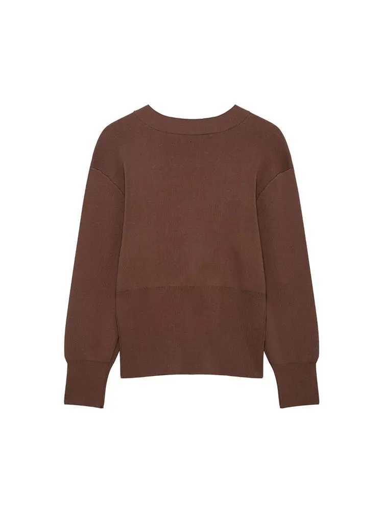 TRZA Women Fashion Front Gold Button Knit Cardigan Sweater V Neck Long Sleeve Outerwear Chic Tops XJ250819