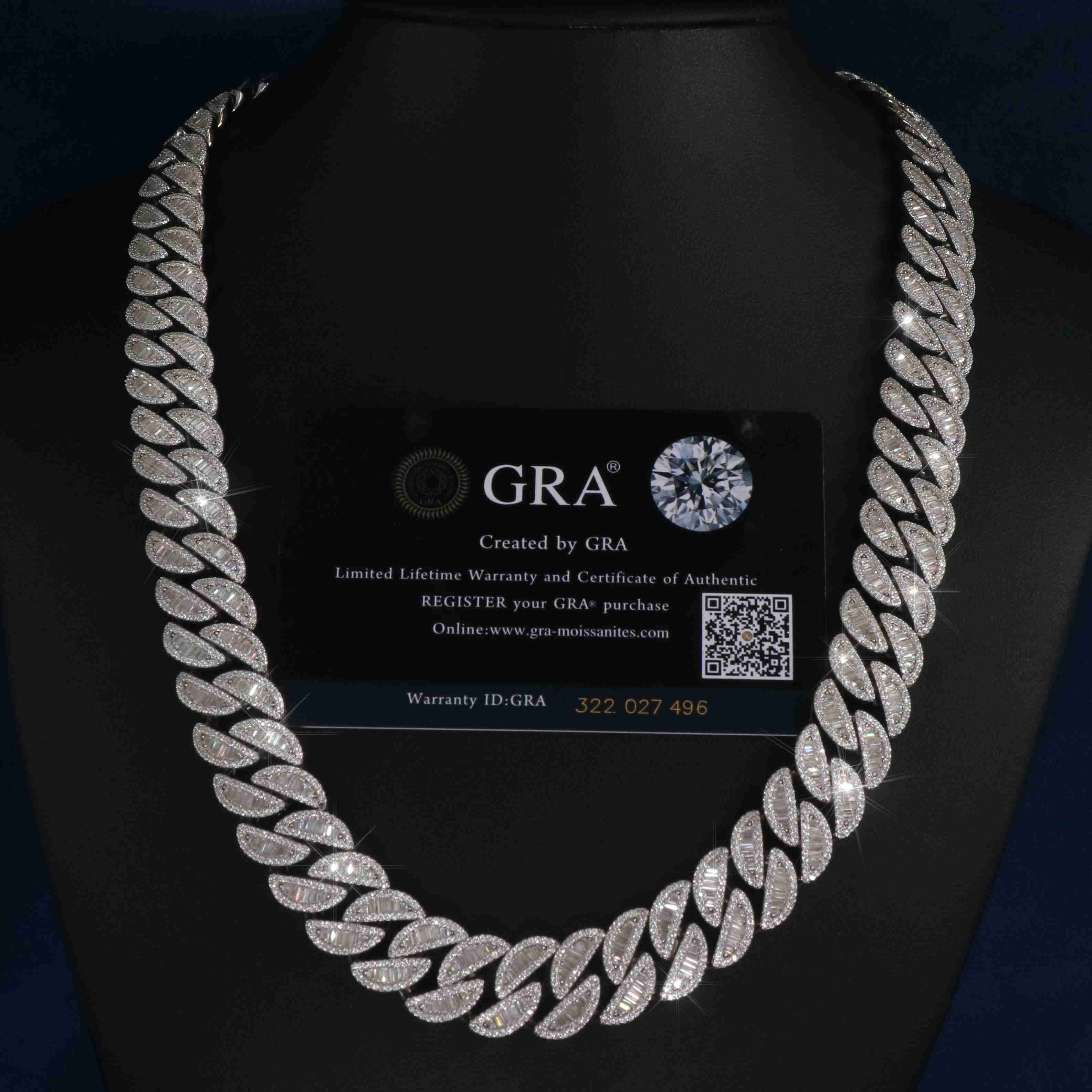 Hip Hop Moissanite Chain Cuban Men 18mm Necklace 925 Sterling Silver Baguette Iced Out Moissanite Chain