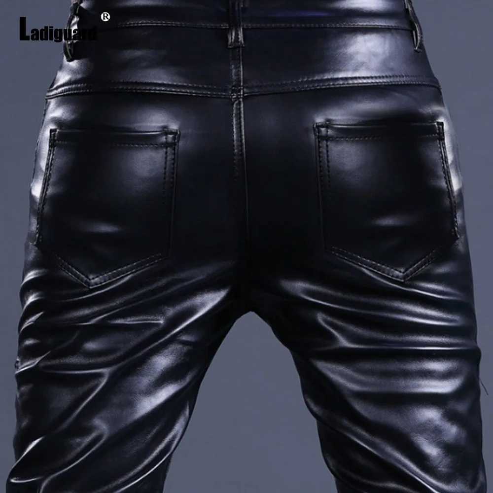 Men Fashion Rock Style PU Leather Pants Sexy Night Club Dance Pants Mens Rivets Zipper Faux Leather Slim Motorcycle Trousers New W250819