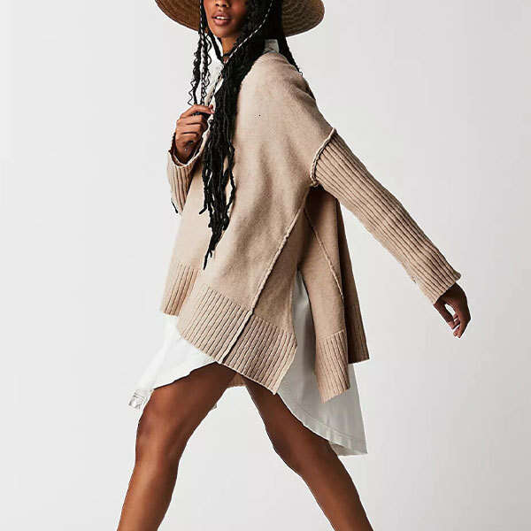 Autumn Winter Temu V-Neck Irregular Patchwork Pullover Loose Women's Sweater B5