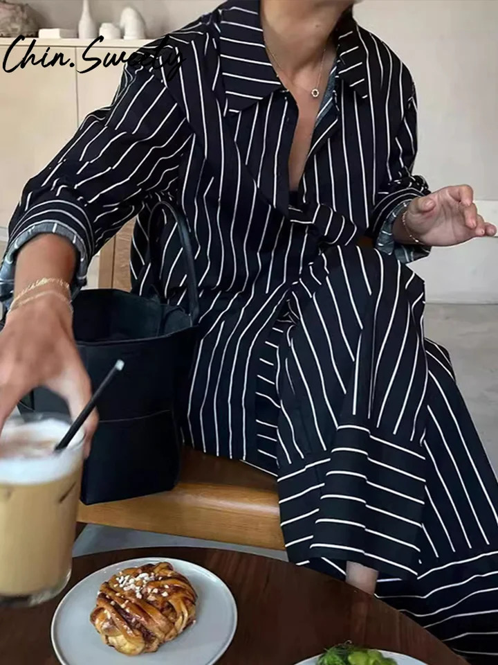 Casual Striped Print Top Trousers Women Set Long Sleeve Lapel Button Shirt Wide Leg Pleated Pants Autumn Elegant Lady Suit 250819